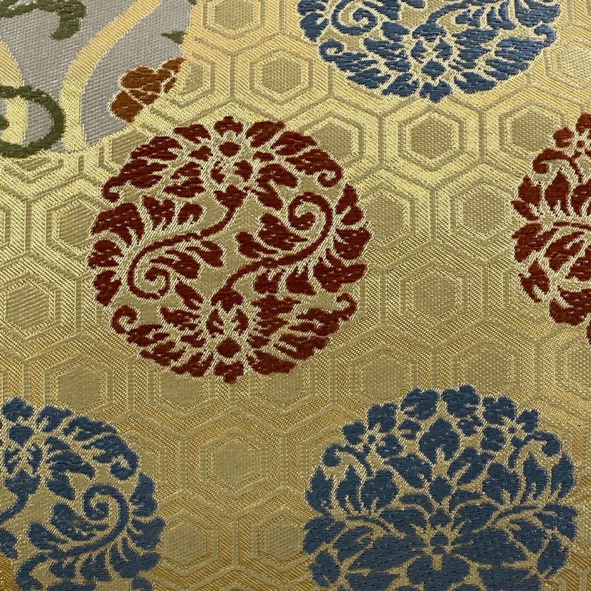 袋帶 逸品級 川島織物 落款 花唐草紋 龜甲紋 金糸 金金箔 米色 六通 純蠶絲