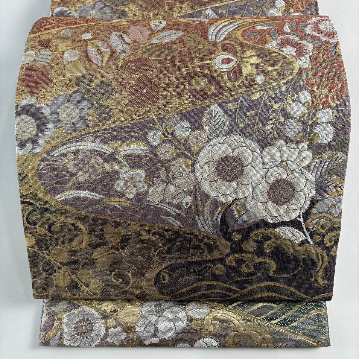 【美品】 袋帶 秀品級 草花紋紋 有職文樣 金金箔 紫 六通 純蠶絲