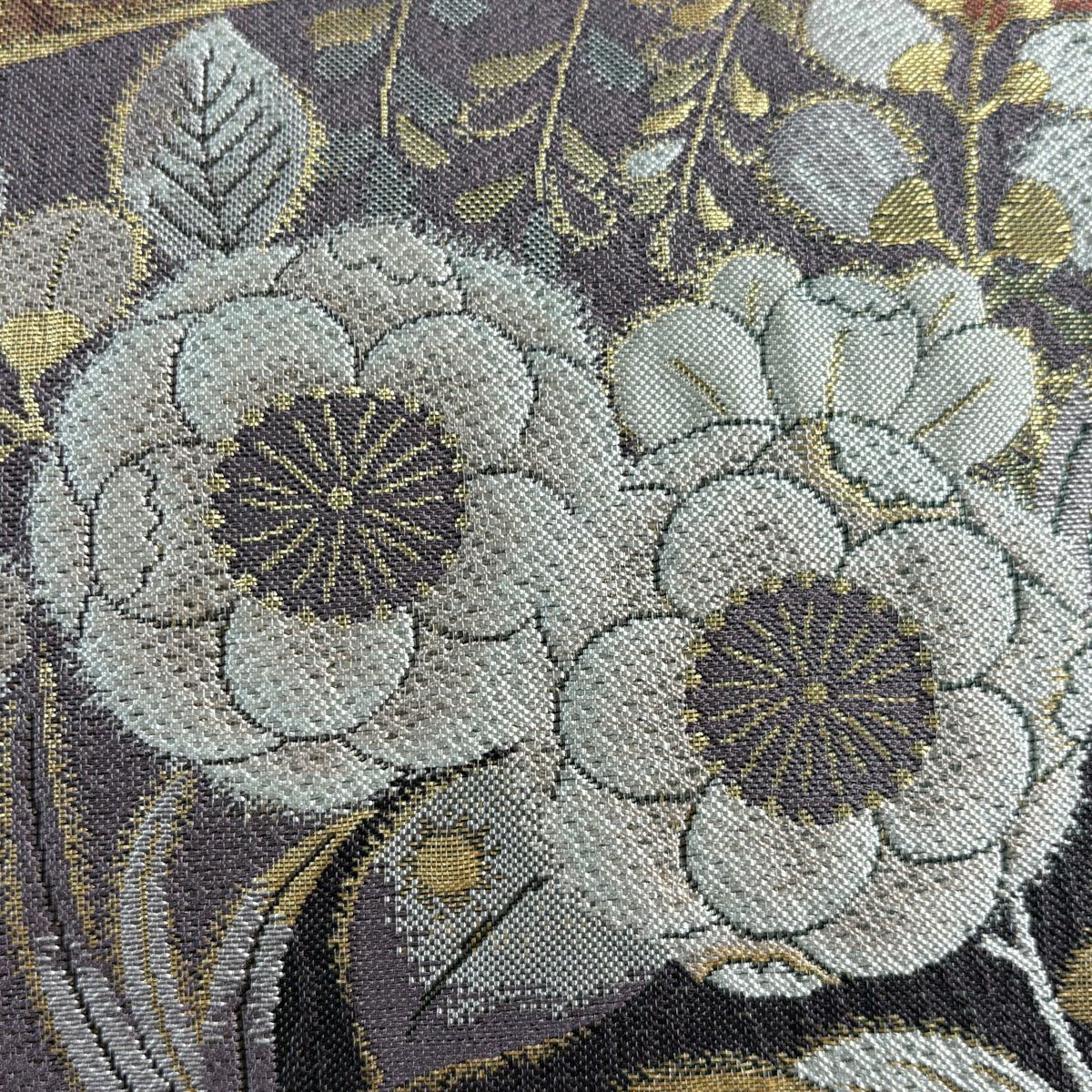 【美品】 袋帶 秀品級 草花紋紋 有職文樣 金金箔 紫 六通 純蠶絲