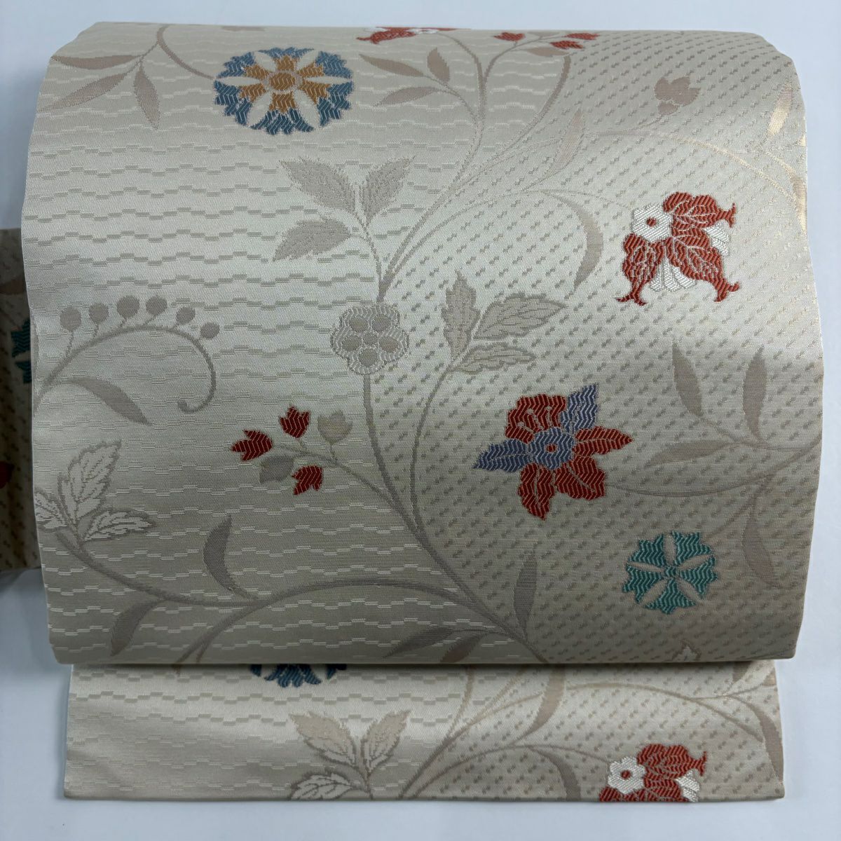 【美品】名古屋帶 秀品級 草花紋紋 金金箔 奶油色 純蠶絲