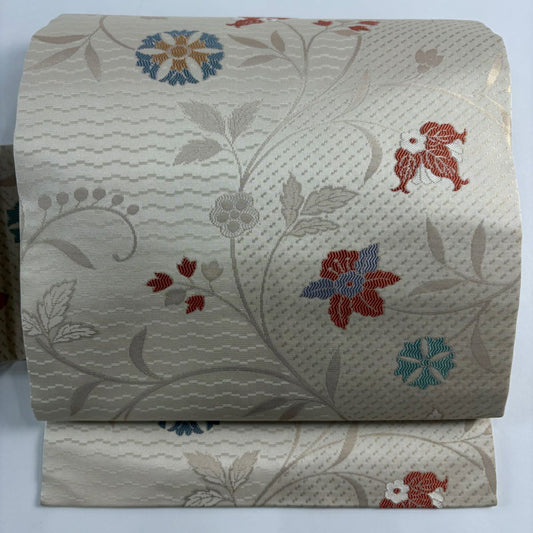 【美品】名古屋帶 秀品級 草花紋紋 金金箔 奶油色 純蠶絲