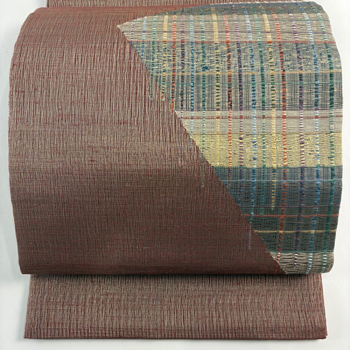 【美品】 袋帶 秀品級 縞 幾何圖案 金絲 茜紅色 大鼓圖案 純蠶絲