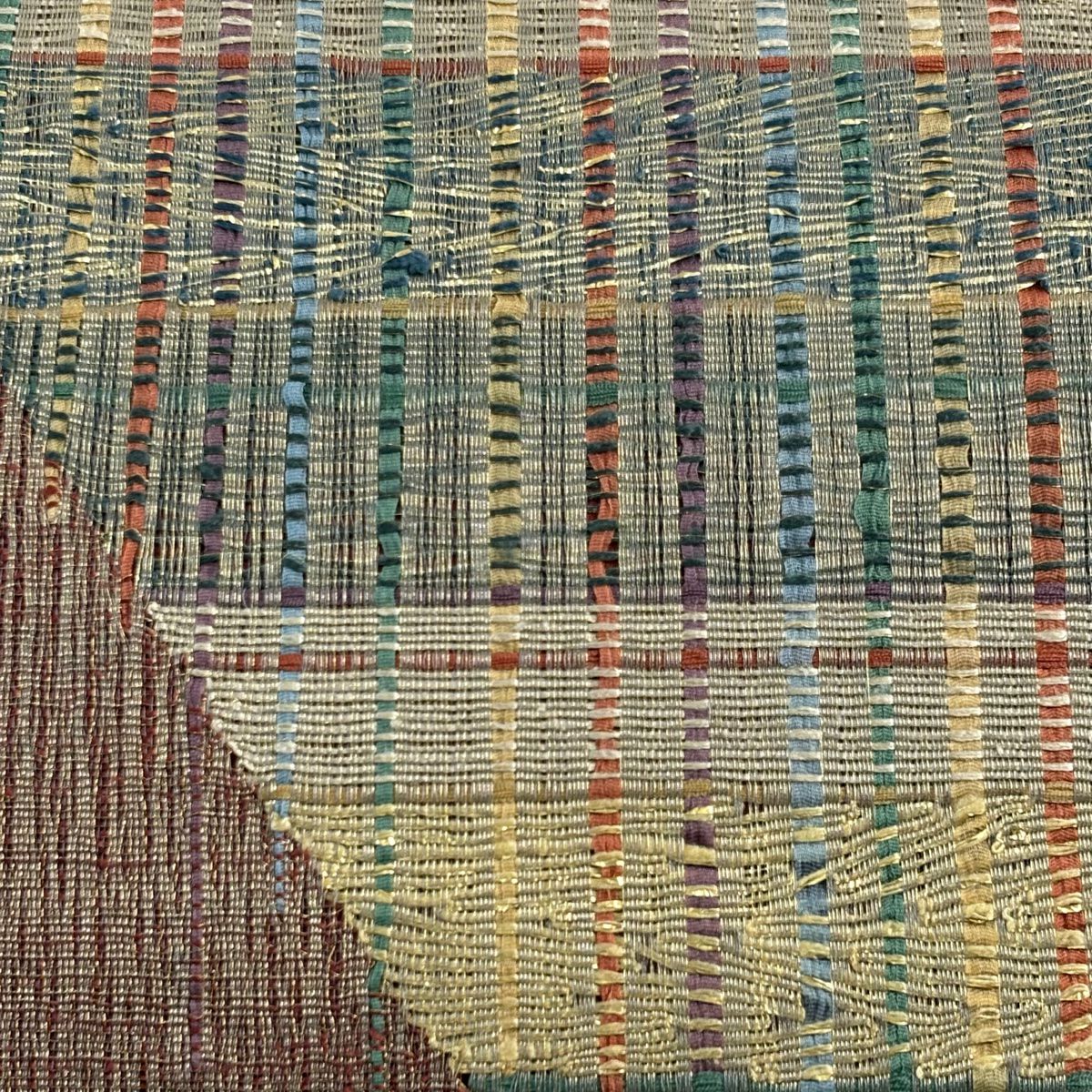 【美品】 袋帶 秀品級 縞 幾何圖案 金絲 茜紅色 大鼓圖案 純蠶絲