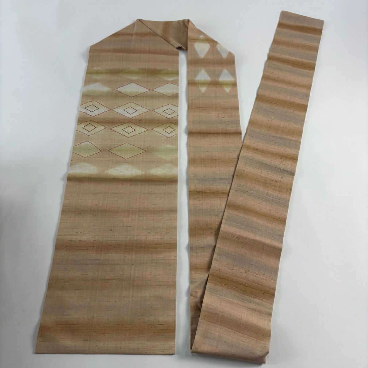 【美品】 袋帶 秀品級 紬織織 菱 薄茶 純蠶絲