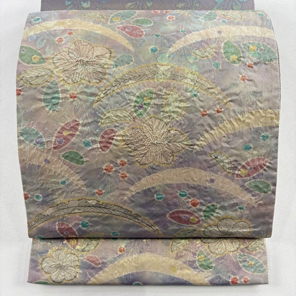 【美品】 袋帶 秀品級 草花紋紋 雪芝 金絲 金金箔 灰紫色 大鼓圖案 純蠶絲