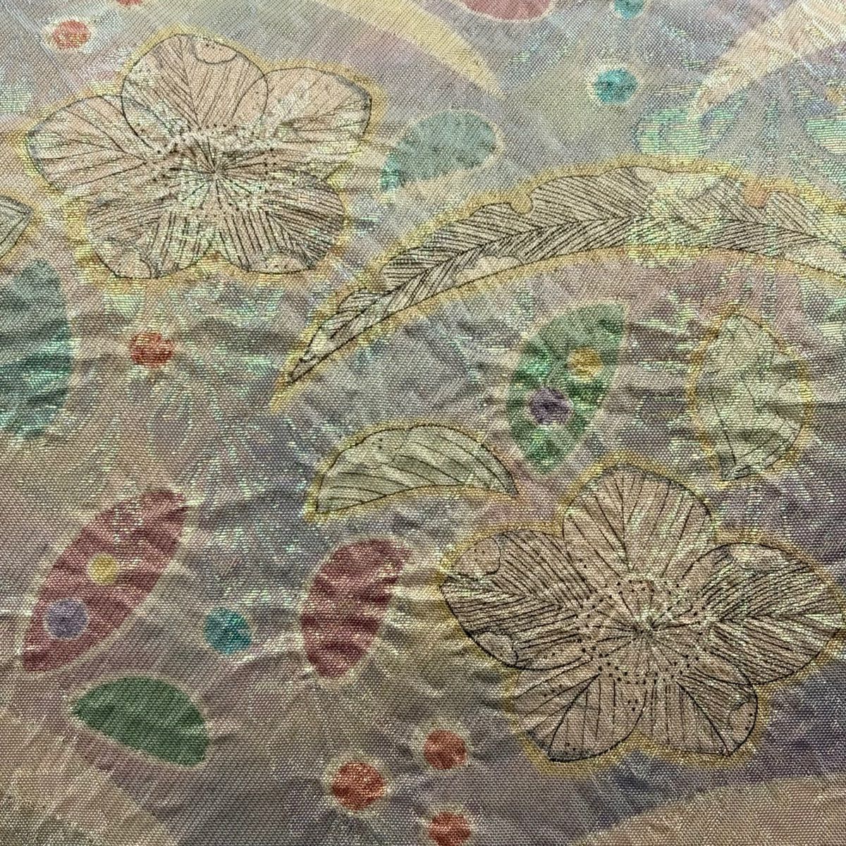 【美品】 袋帶 秀品級 草花紋紋 雪芝 金絲 金金箔 灰紫色 大鼓圖案 純蠶絲