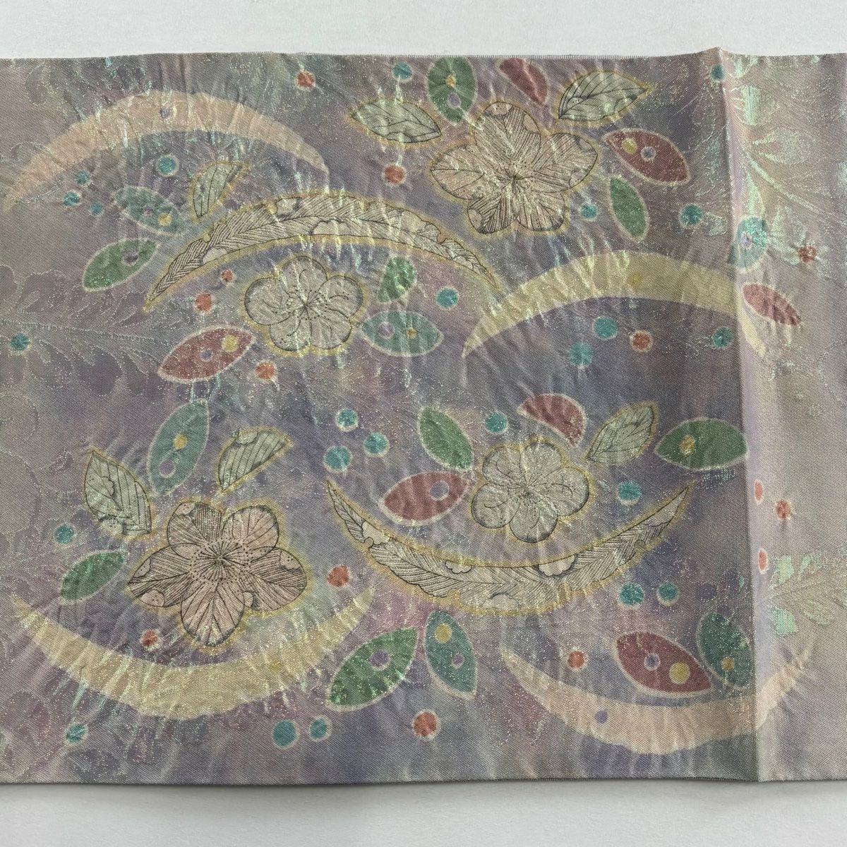 【美品】 袋帶 秀品級 草花紋紋 雪芝 金絲 金金箔 灰紫色 大鼓圖案 純蠶絲