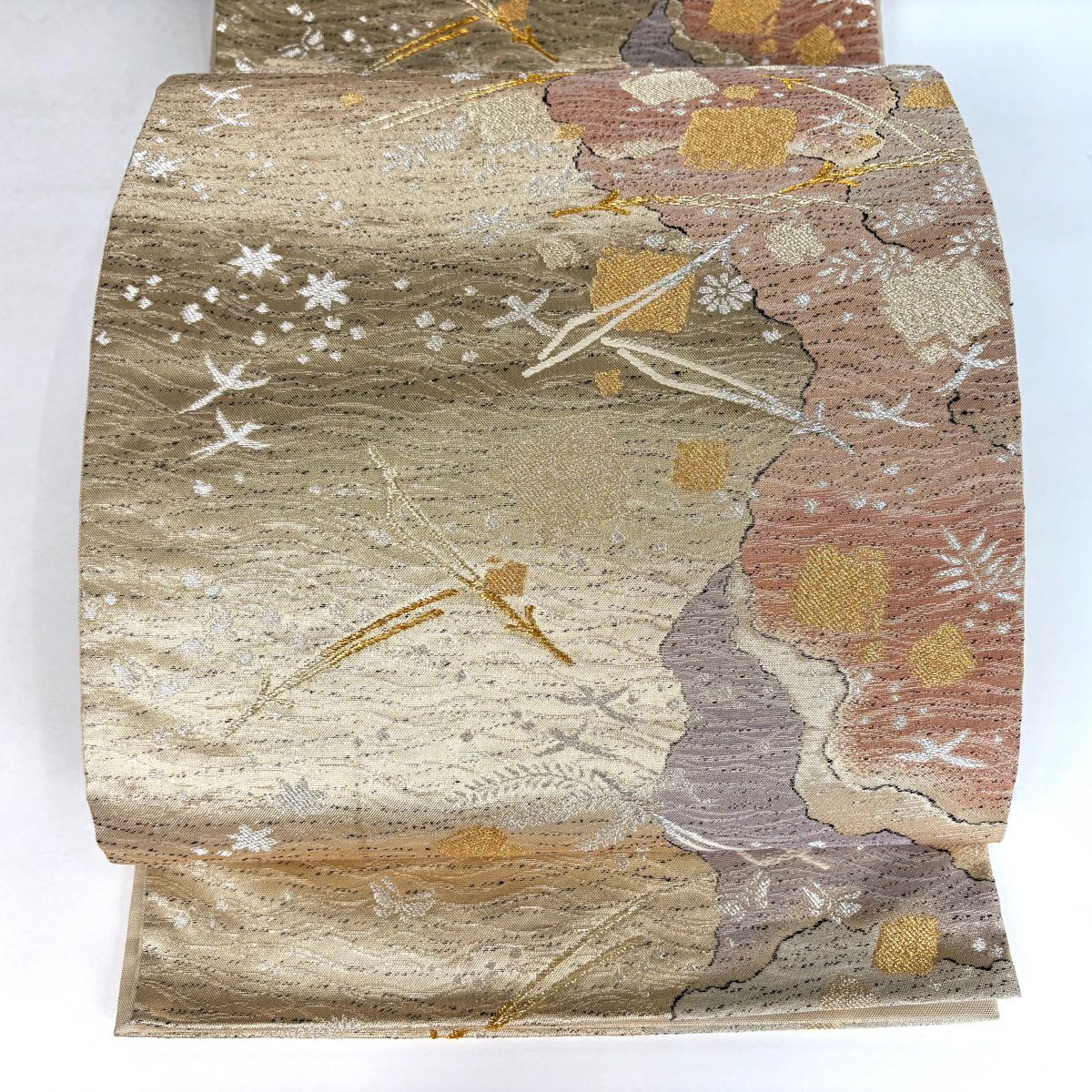 【美品】 袋帶 秀品級 明綴細波金繡 松樹葉 破裂色紙 金銀線 金金箔 金色 六通 純蠶絲