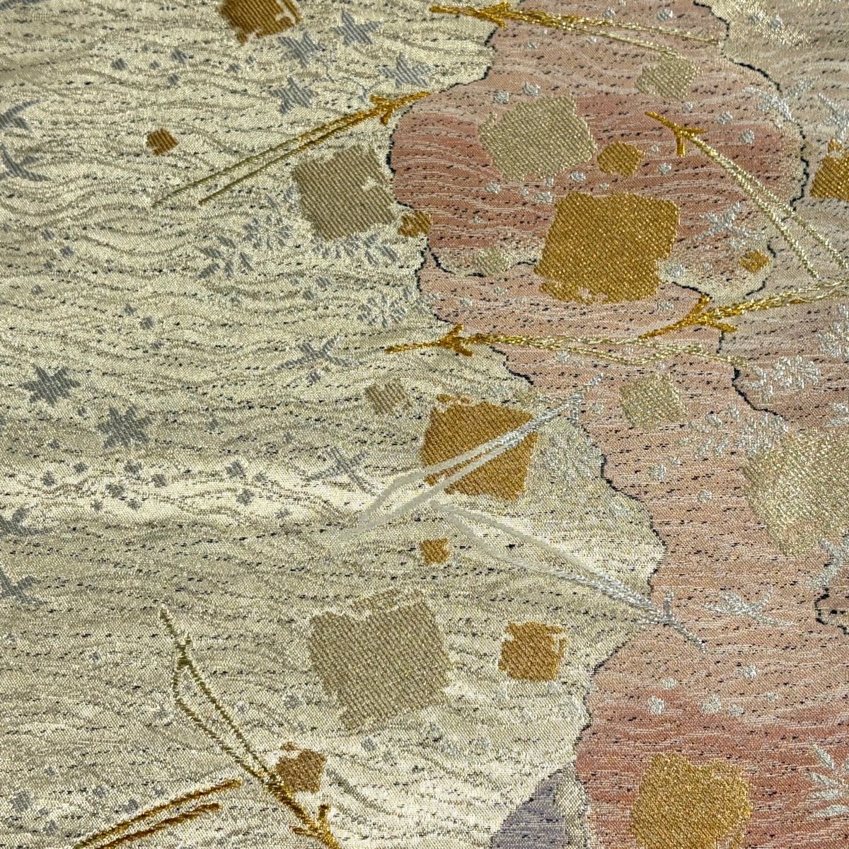 【美品】 袋帶 秀品級 明綴細波金繡 松樹葉 破裂色紙 金銀線 金金箔 金色 六通 純蠶絲