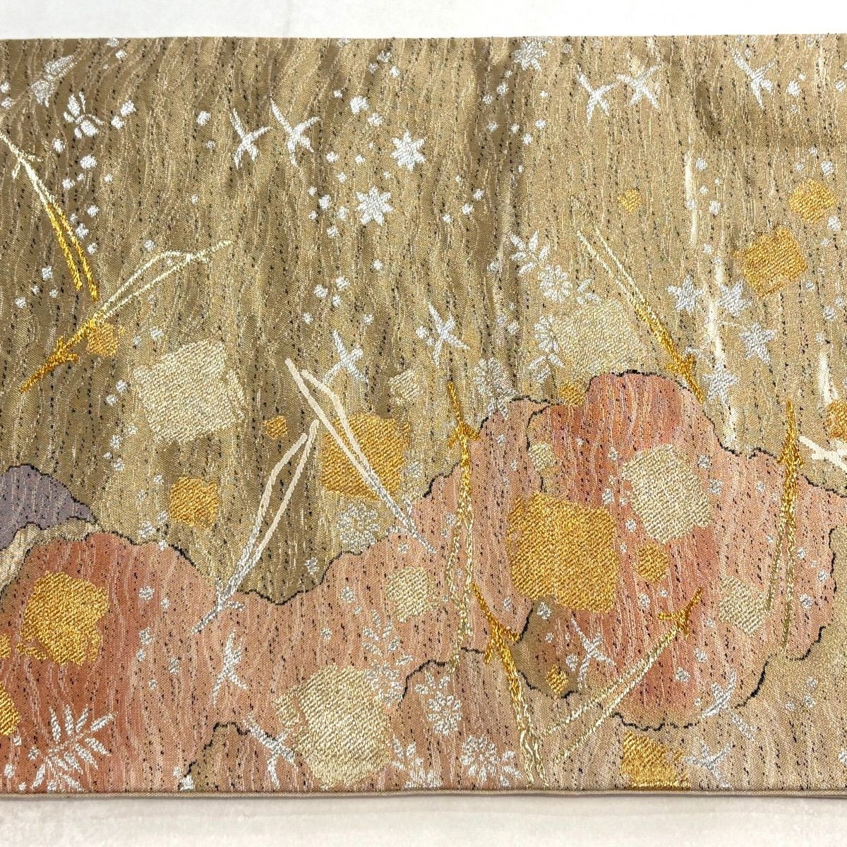 【美品】 袋帶 秀品級 明綴細波金繡 松樹葉 破裂色紙 金銀線 金金箔 金色 六通 純蠶絲