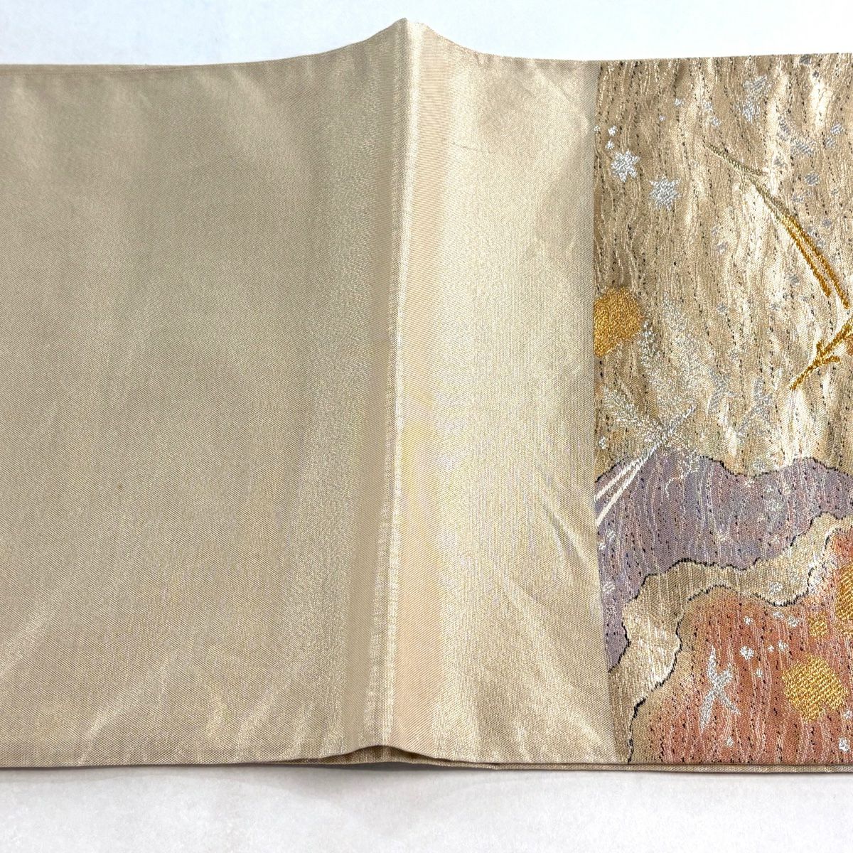 【美品】 袋帶 秀品級 明綴細波金繡 松樹葉 破裂色紙 金銀線 金金箔 金色 六通 純蠶絲