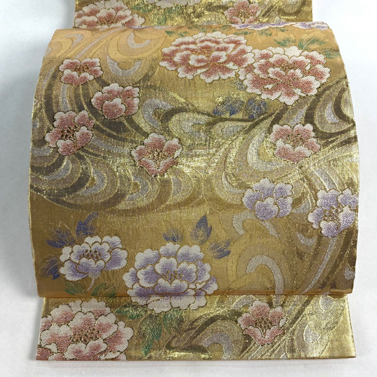 【美品】 袋帶 秀品級 牡丹 流水 金金箔 金色 六通 純蠶絲