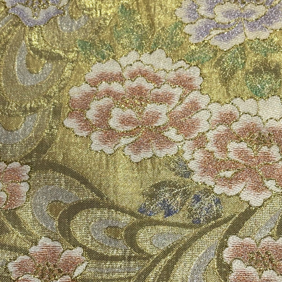 【美品】 袋帶 秀品級 牡丹 流水 金金箔 金色 六通 純蠶絲