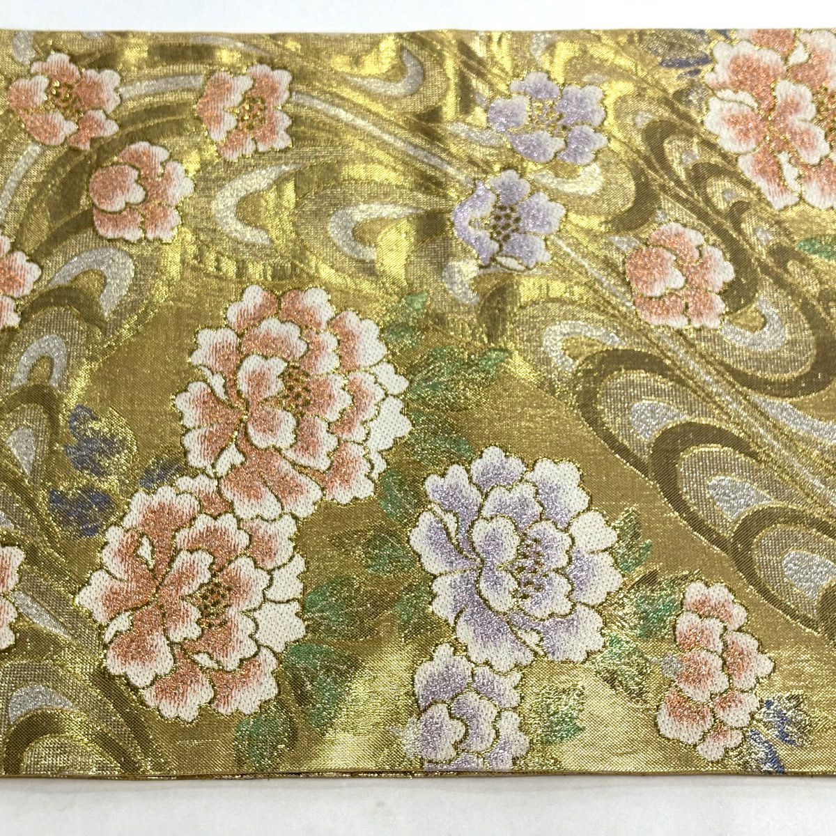 【美品】 袋帶 秀品級 牡丹 流水 金金箔 金色 六通 純蠶絲