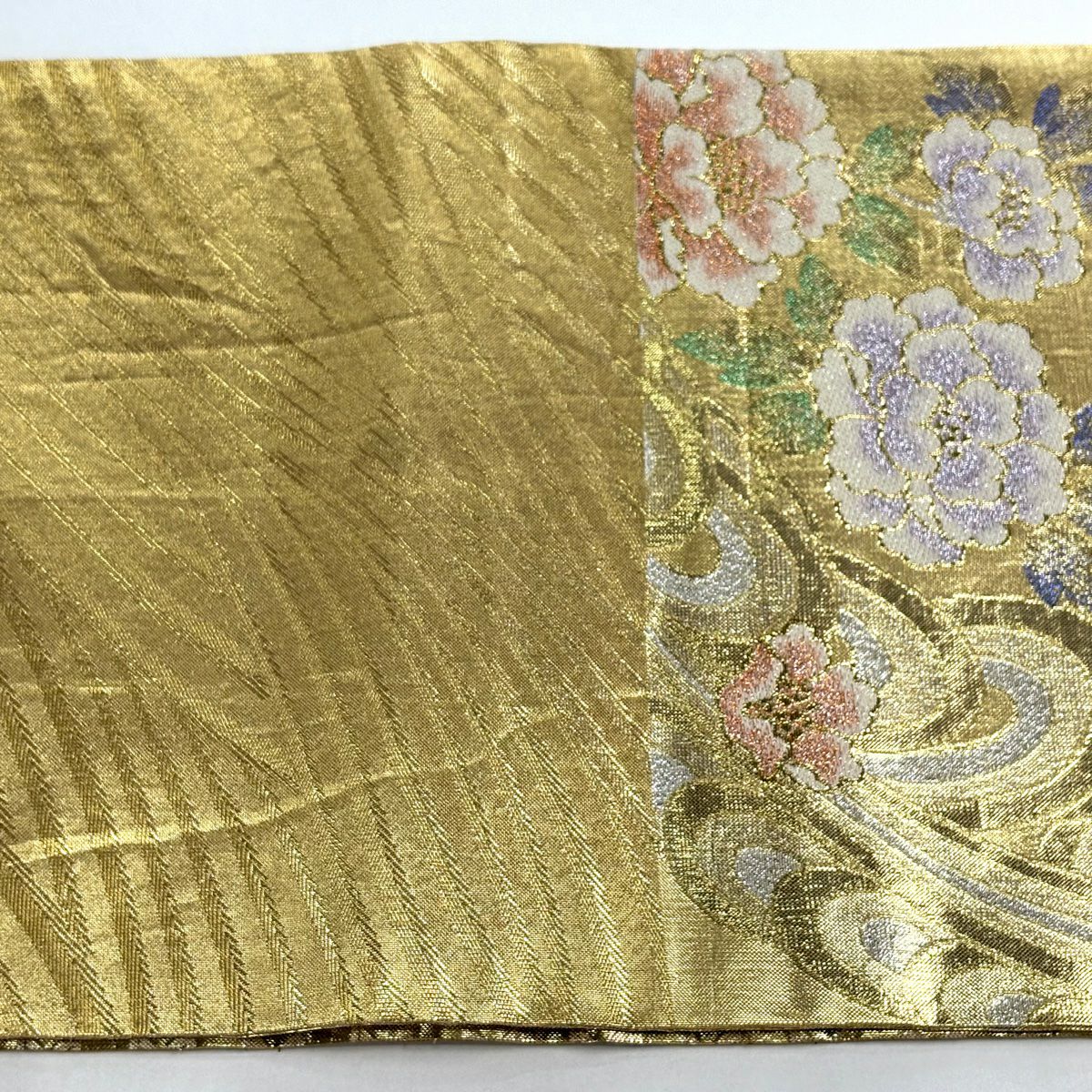 【美品】 袋帶 秀品級 牡丹 流水 金金箔 金色 六通 純蠶絲