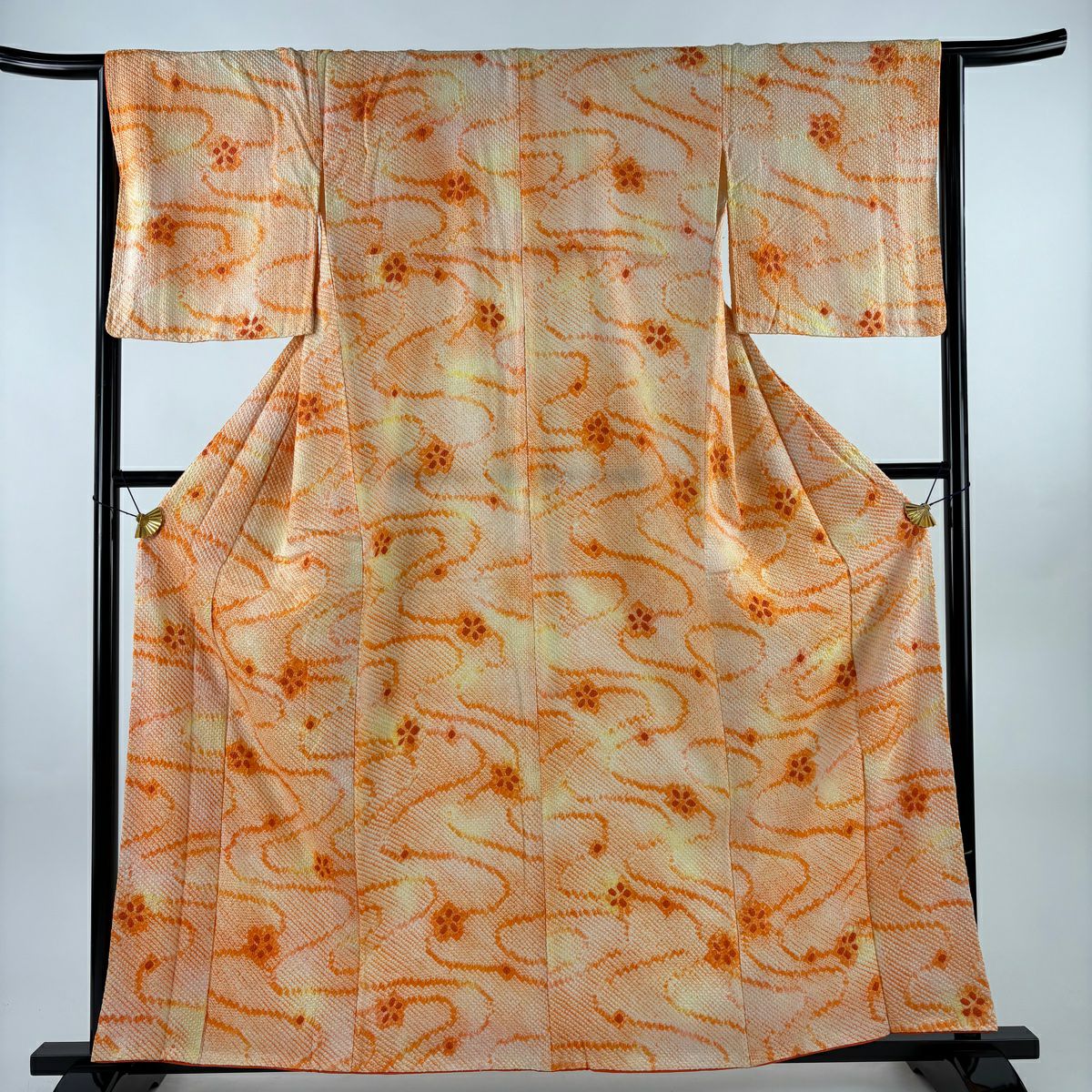 【美品】 小紋 身長159cm 袖長65cm M 雙層 花 流水 總絞染 橙色 純蠶絲 優品級