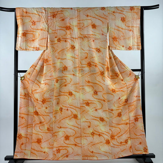 【美品】 小紋 身長159cm 袖長65cm M 雙層 花 流水 總絞染 橙色 純蠶絲 優品級