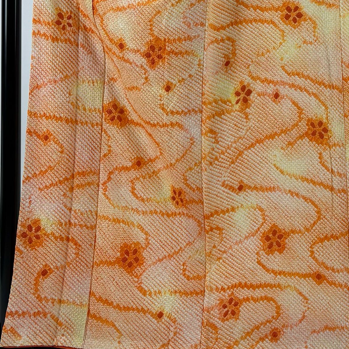 【美品】 小紋 身長159cm 袖長65cm M 雙層 花 流水 總絞染 橙色 純蠶絲 優品級
