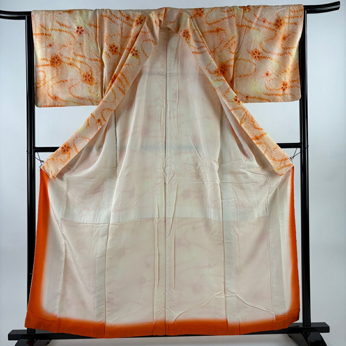 【美品】 小紋 身長159cm 袖長65cm M 雙層 花 流水 總絞染 橙色 純蠶絲 優品級