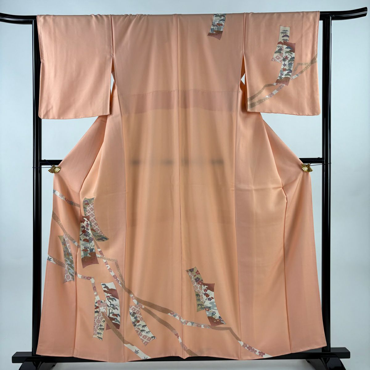 訪問服 身長158cm 袖長64cm M 雙層 短冊 松樹竹子梅花 金銀彩 鮭粉色 純蠶絲 優品級