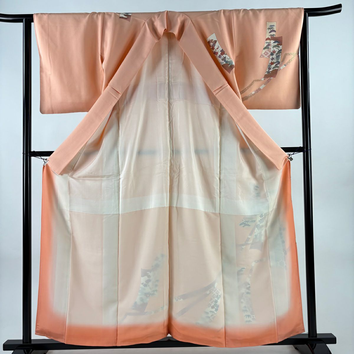 訪問服 身長158cm 袖長64cm M 雙層 短冊 松樹竹子梅花 金銀彩 鮭粉色 純蠶絲 優品級