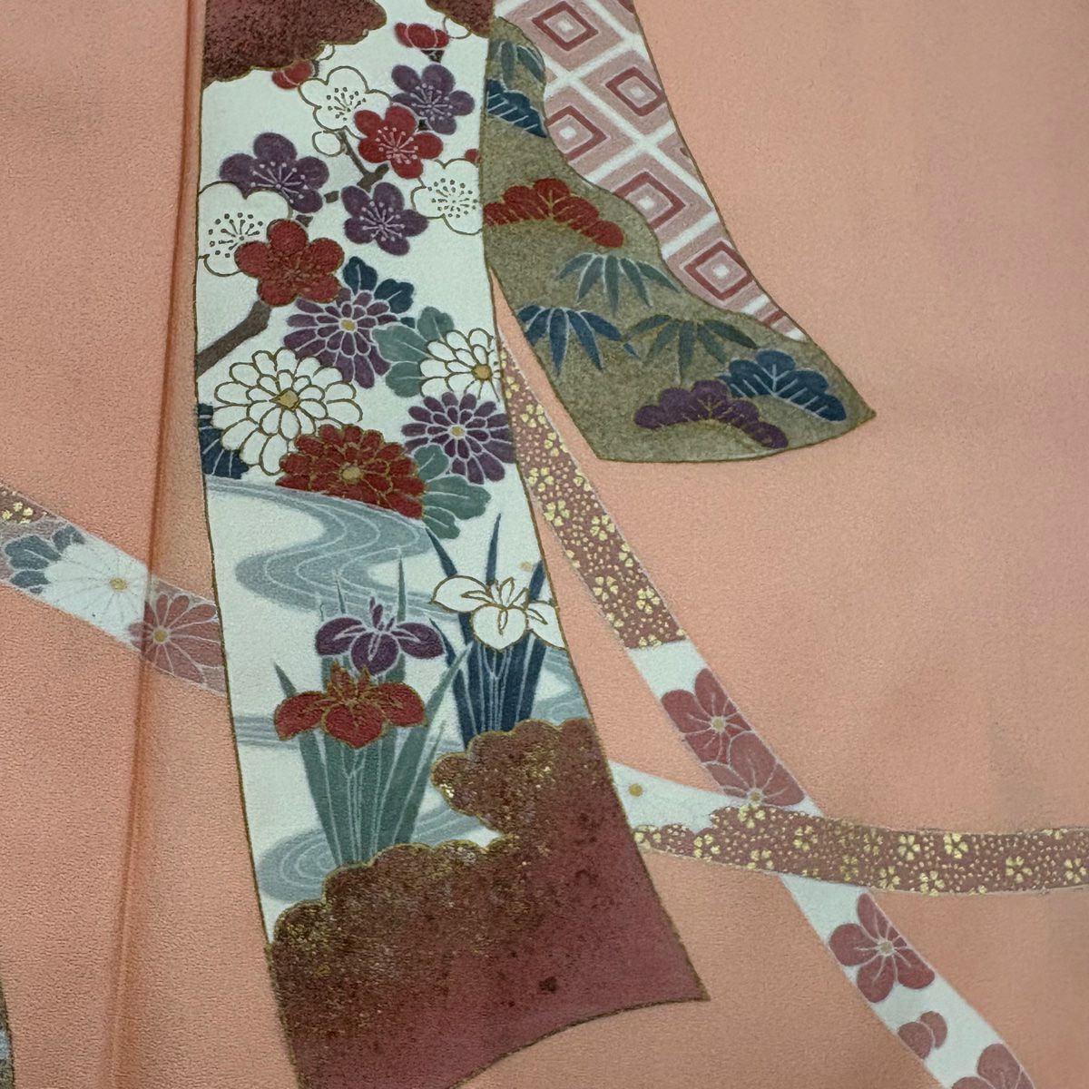 訪問服 身長158cm 袖長64cm M 雙層 短冊 松樹竹子梅花 金銀彩 鮭粉色 純蠶絲 優品級