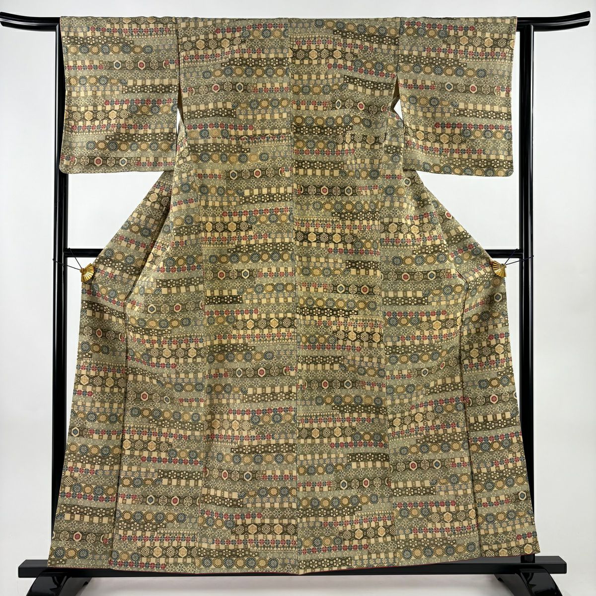 小紋 身長159.5cm 袖長64cm M 雙層 花 幾何圖案 米色 純蠶絲 優品級