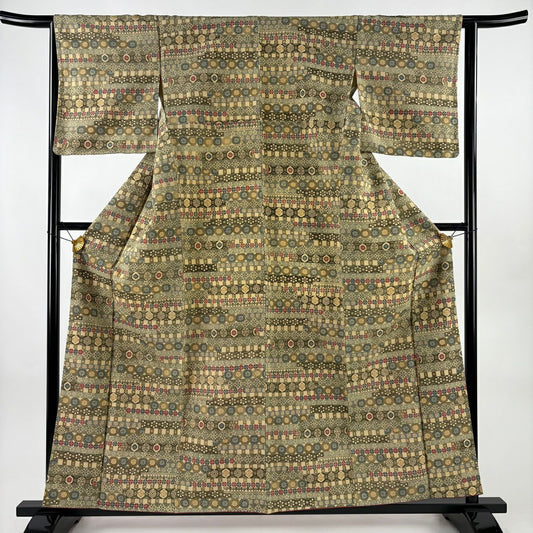 小紋 身長159.5cm 袖長64cm M 雙層 花 幾何圖案 米色 純蠶絲 優品級