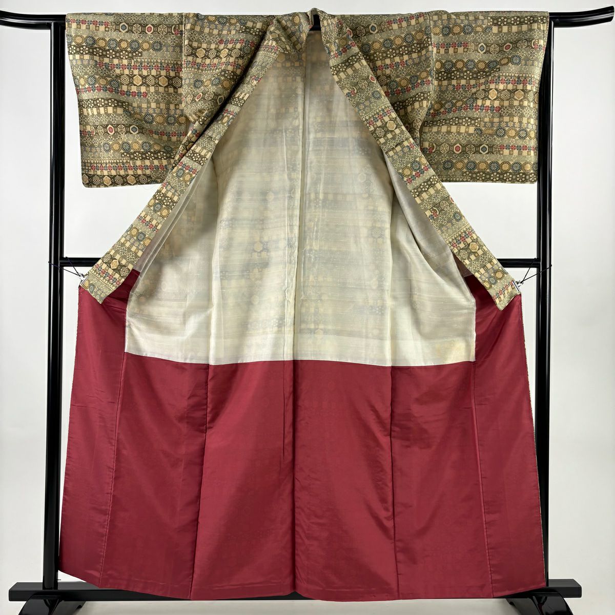 小紋 身長159.5cm 袖長64cm M 雙層 花 幾何圖案 米色 純蠶絲 優品級