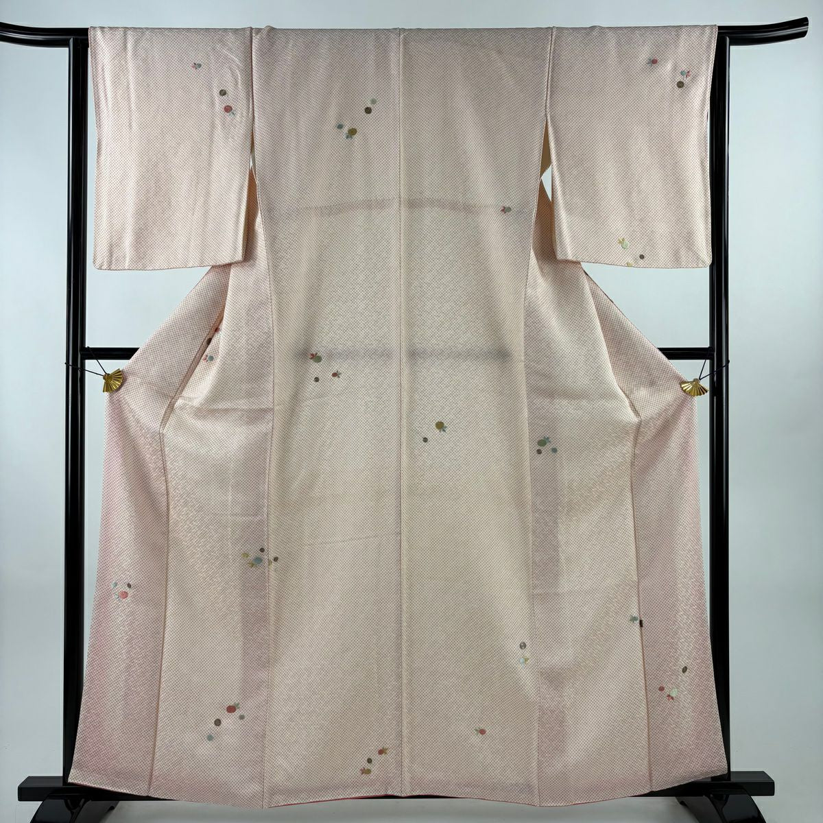 小紋 身長162cm 袖長64.5cm M 雙層 萬壽菊花 幾何學圖案 刺繡 金銀彩 奶油色 純蠶絲 優品級
