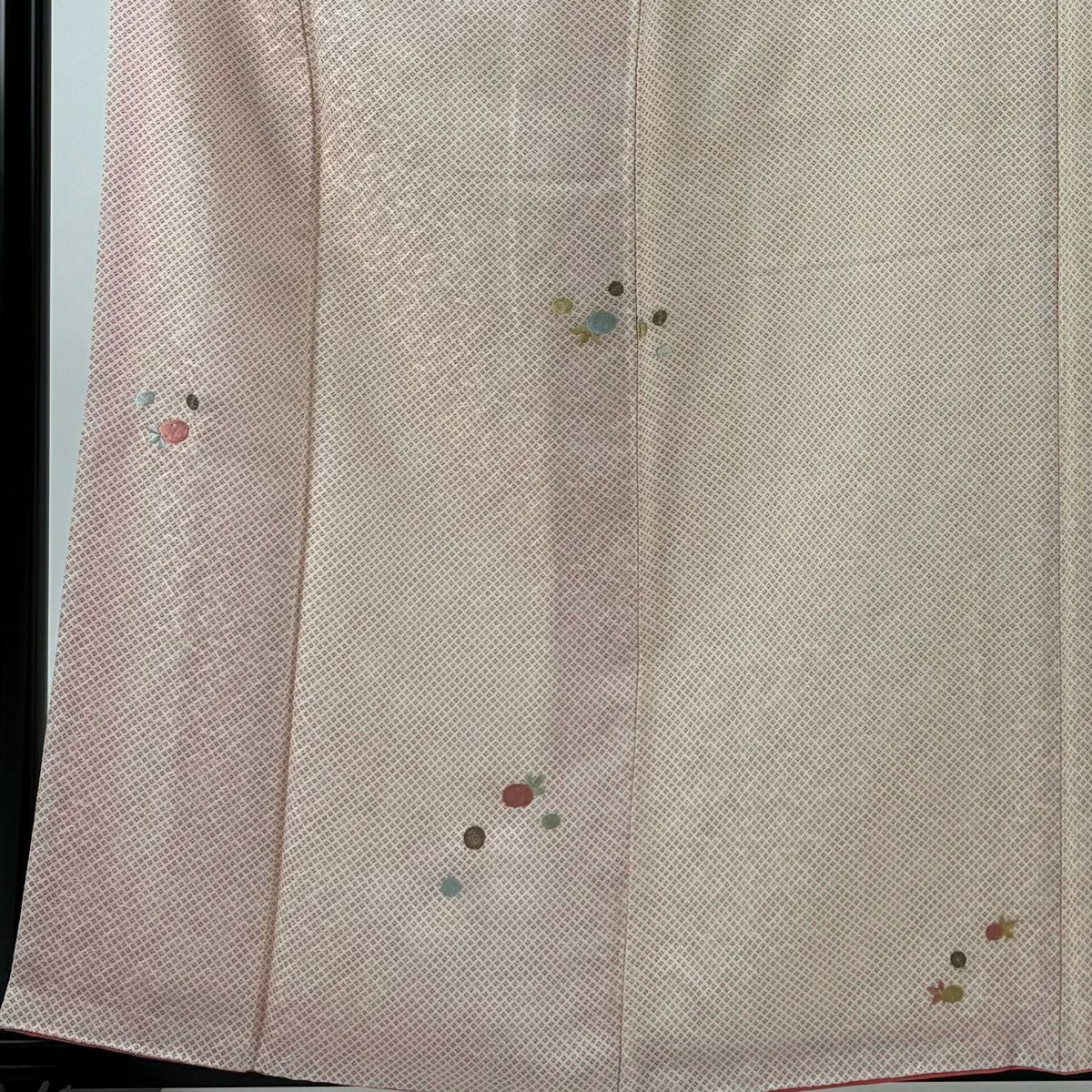 小紋 身長162cm 袖長64.5cm M 雙層 萬壽菊花 幾何學圖案 刺繡 金銀彩 奶油色 純蠶絲 優品級