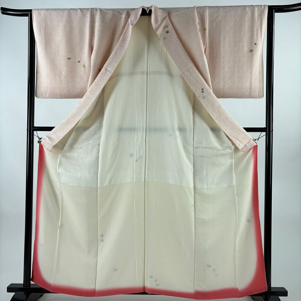 小紋 身長162cm 袖長64.5cm M 雙層 萬壽菊花 幾何學圖案 刺繡 金銀彩 奶油色 純蠶絲 優品級