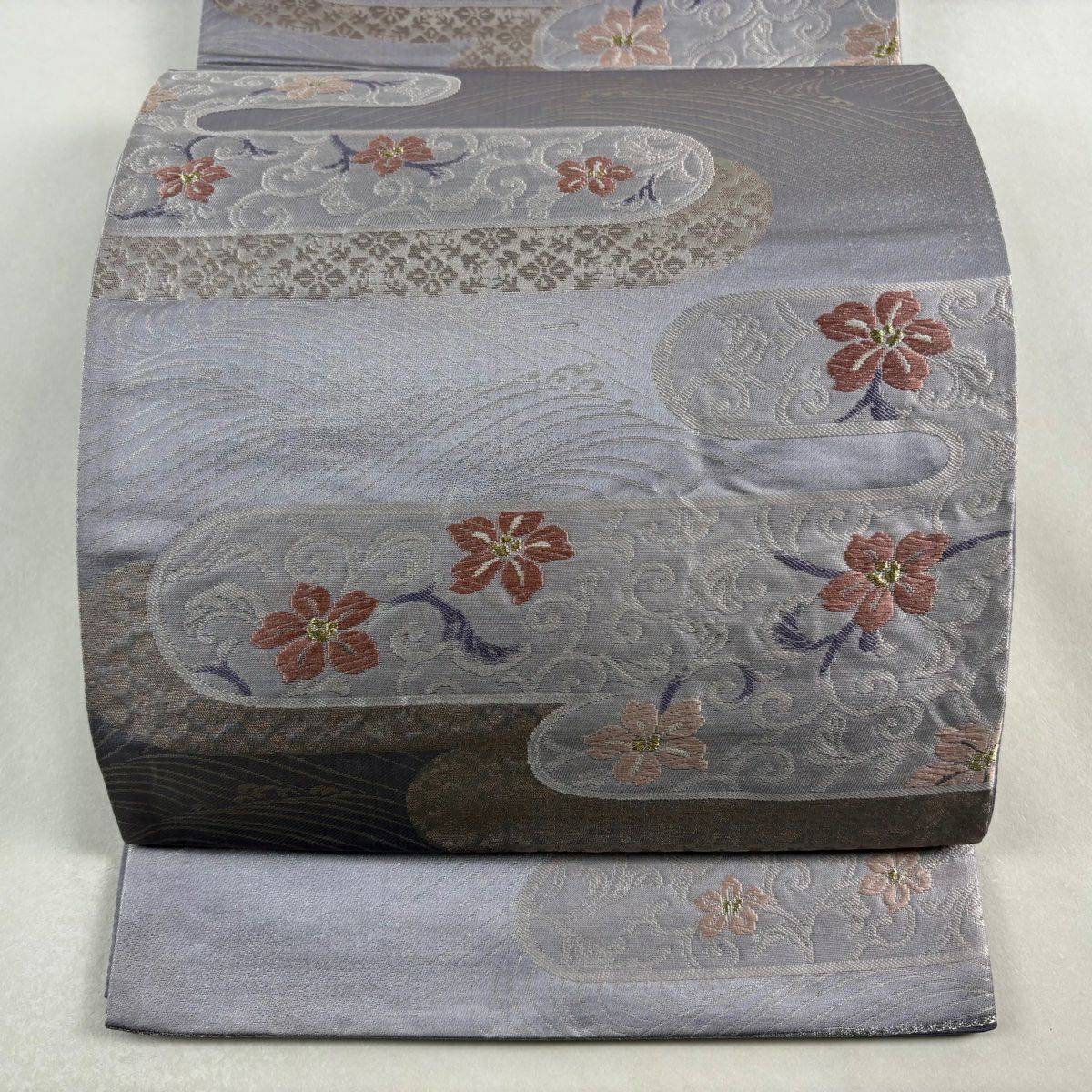 【美品】 袋名古屋帶 優品級 關西仕立 雙層仕立 花唐草紋 ヱ霞 金絲 唐織 灰紫 純蠶絲