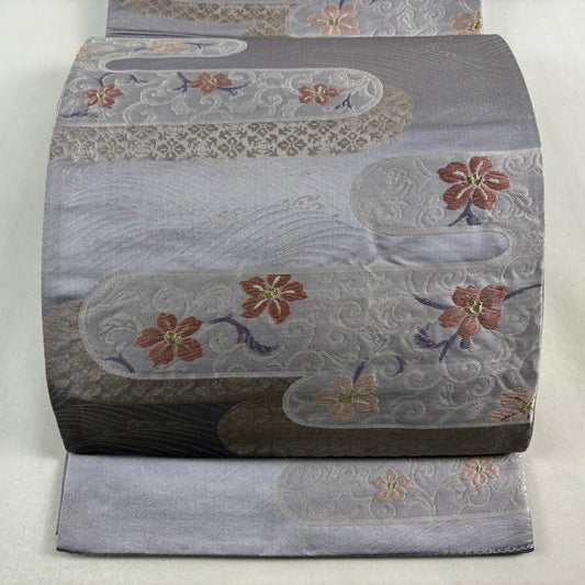 【美品】 袋名古屋帶 優品級 關西仕立 雙層仕立 花唐草紋 ヱ霞 金絲 唐織 灰紫 純蠶絲