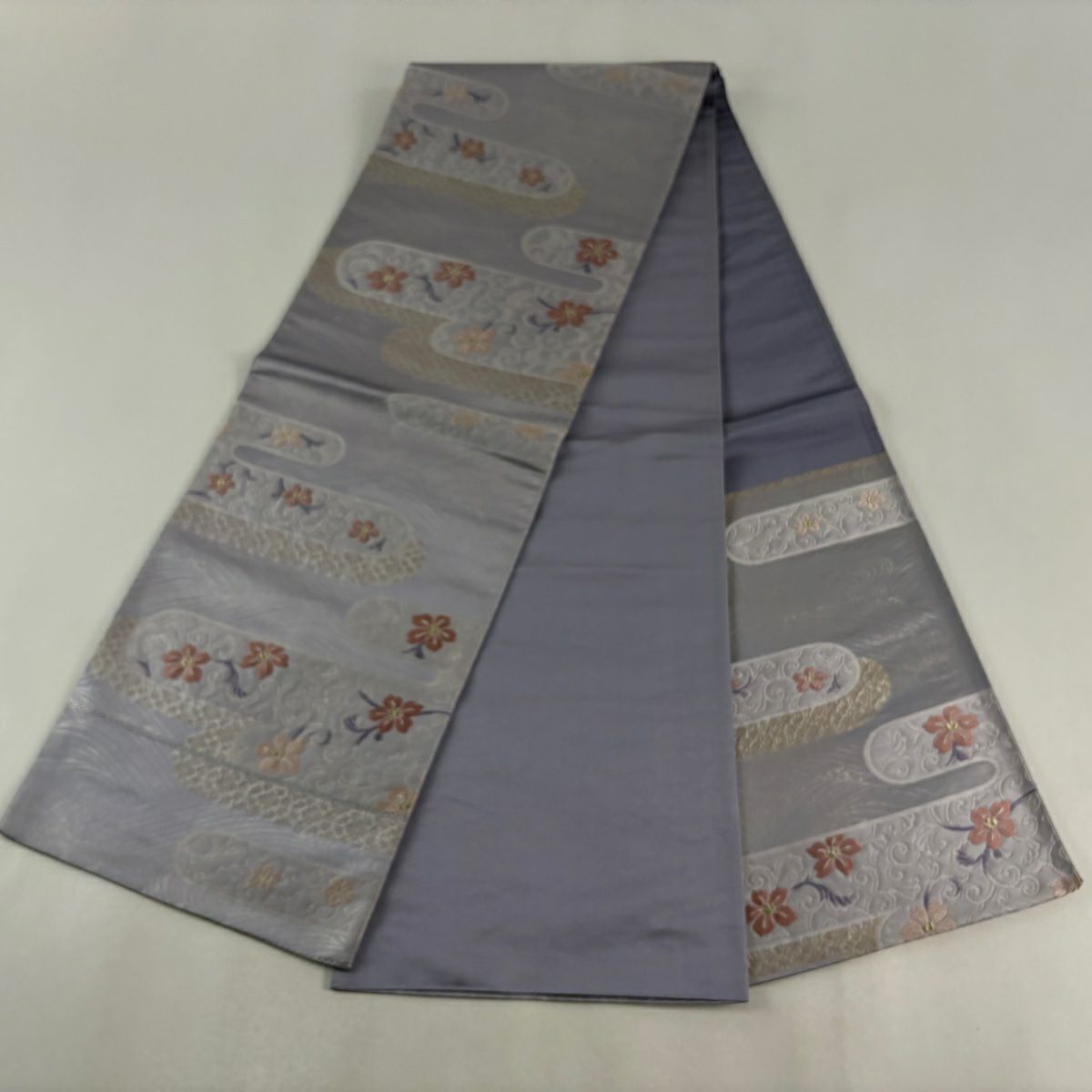 【美品】 袋名古屋帶 優品級 關西仕立 雙層仕立 花唐草紋 ヱ霞 金絲 唐織 灰紫 純蠶絲