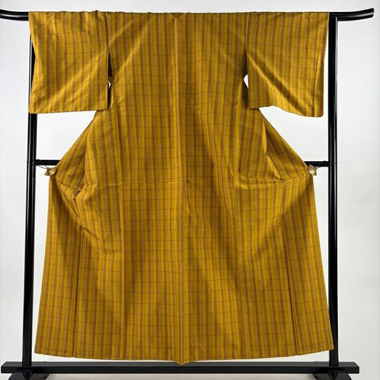 【美品】 紬織 身長155cm 袖長66cm M 雙層 格子 山吹茶 純蠶絲 名品級
