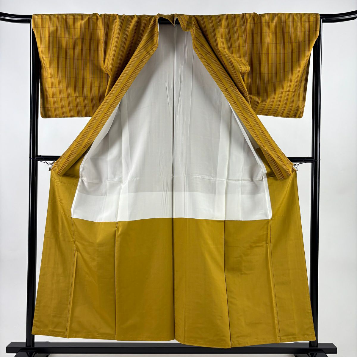 【美品】 紬織 身長155cm 袖長66cm M 雙層 格子 山吹茶 純蠶絲 名品級