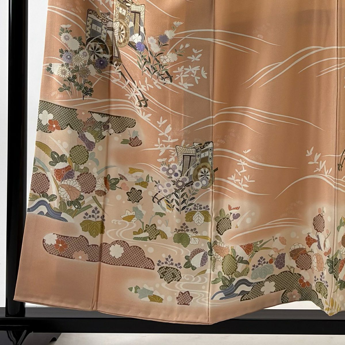 訪問服 身長155cm 袖長64.5cm M 雙層 落款御所車 草花紋紋 金金箔 金銀彩 鮭粉色 純蠶絲 名品級