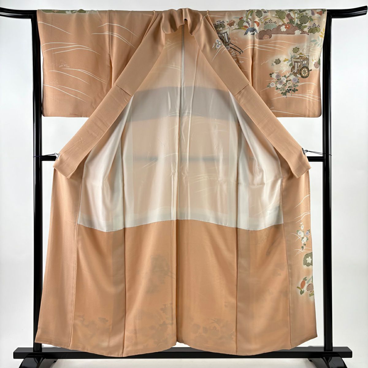 訪問服 身長155cm 袖長64.5cm M 雙層 落款御所車 草花紋紋 金金箔 金銀彩 鮭粉色 純蠶絲 名品級