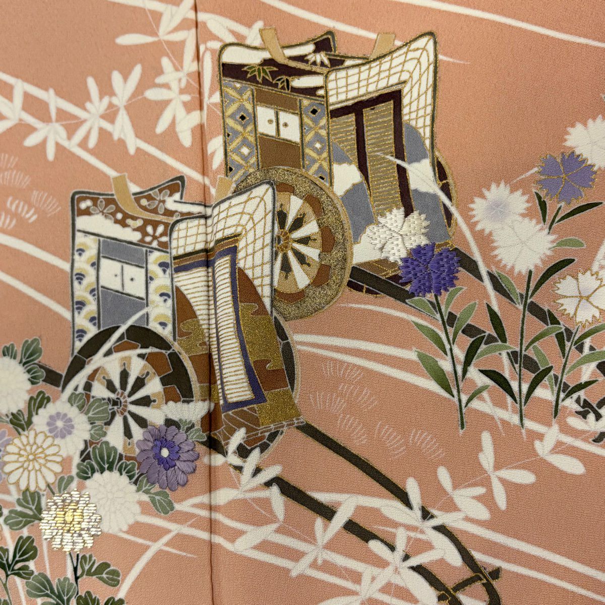 訪問服 身長155cm 袖長64.5cm M 雙層 落款御所車 草花紋紋 金金箔 金銀彩 鮭粉色 純蠶絲 名品級