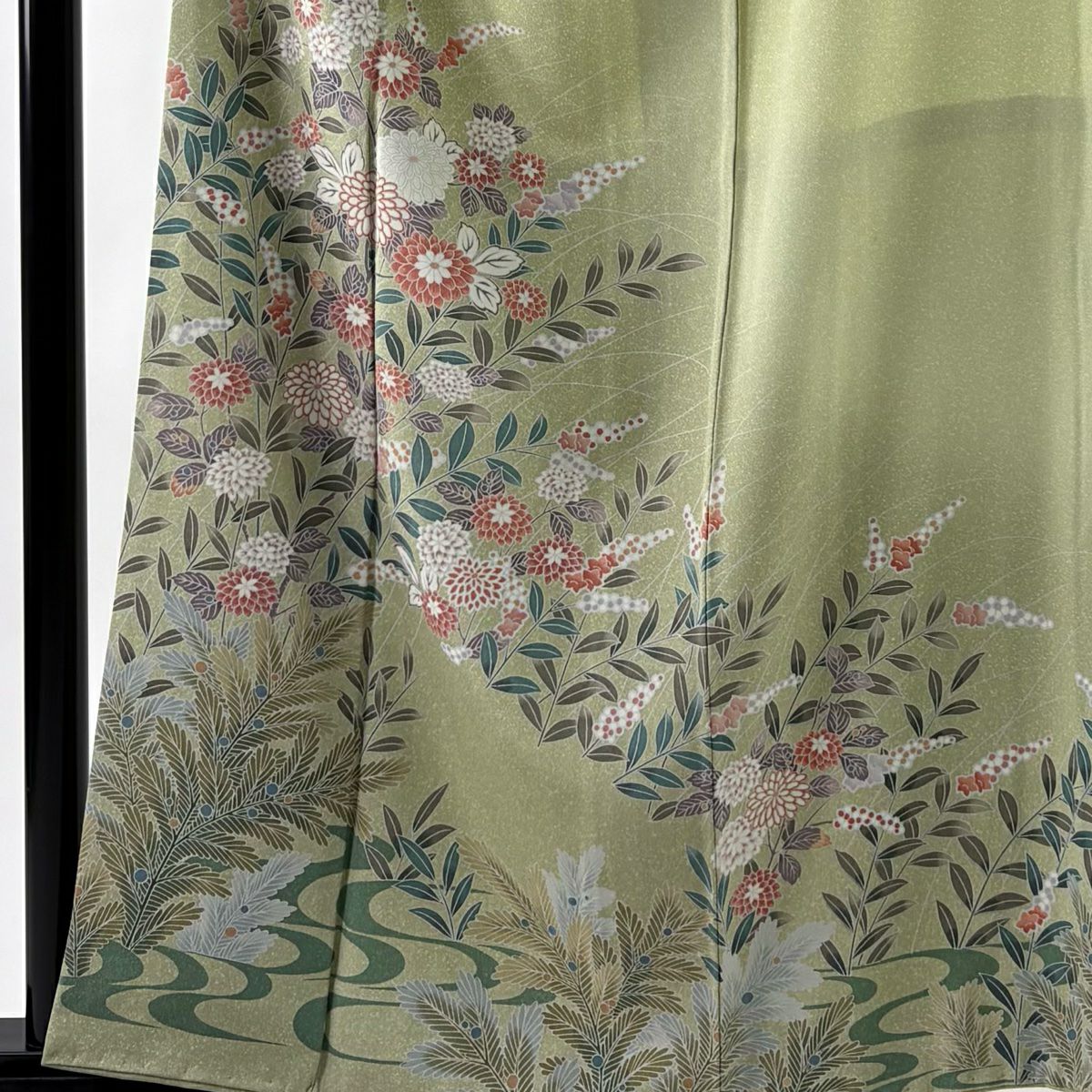 訪問服 身長161cm 袖長64cm M 雙層 菊花 流水 漸層 淺綠 純蠶絲 名品級 一個紋