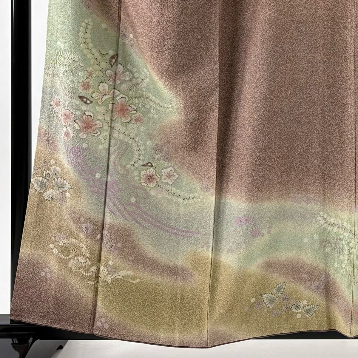 付下 身長159cm 袖長63.5cm S 雙層 落款有 草花紋紋 波紋 漸層 小豆 純蠶絲 名品級 一つ紋
