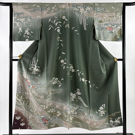 訪問服 身長150.5cm 袖長64cm M 雙層 霞 草花紋紋 漸層 銀通し 綠 純蠶絲 名品級