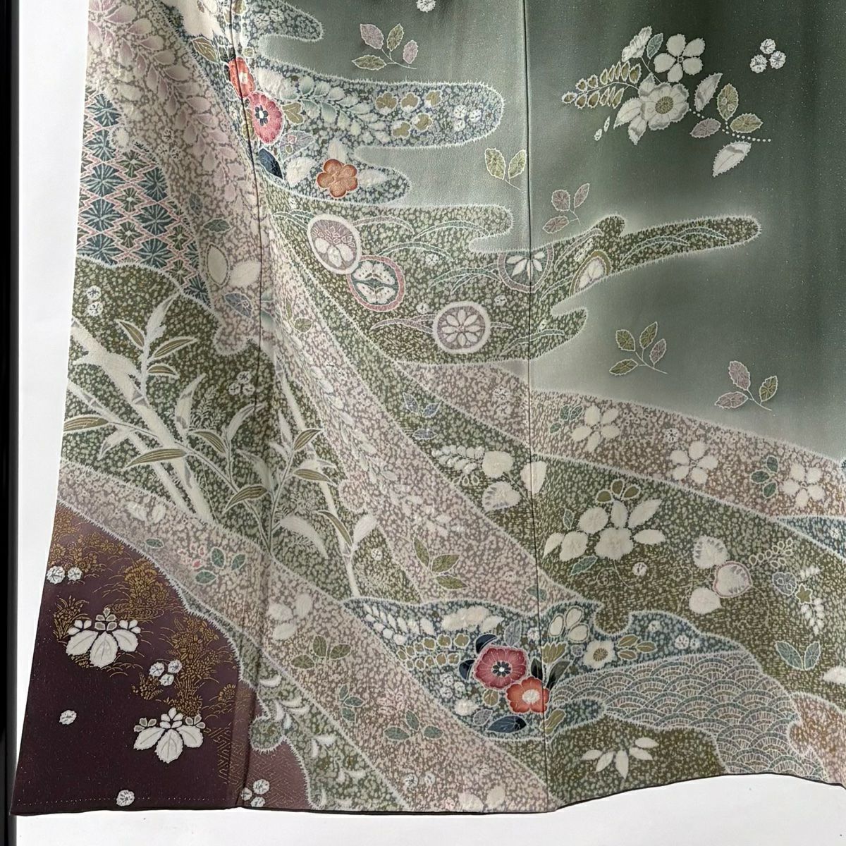 訪問服 身長150.5cm 袖長64cm M 雙層 霞 草花紋紋 漸層 銀通し 綠 純蠶絲 名品級