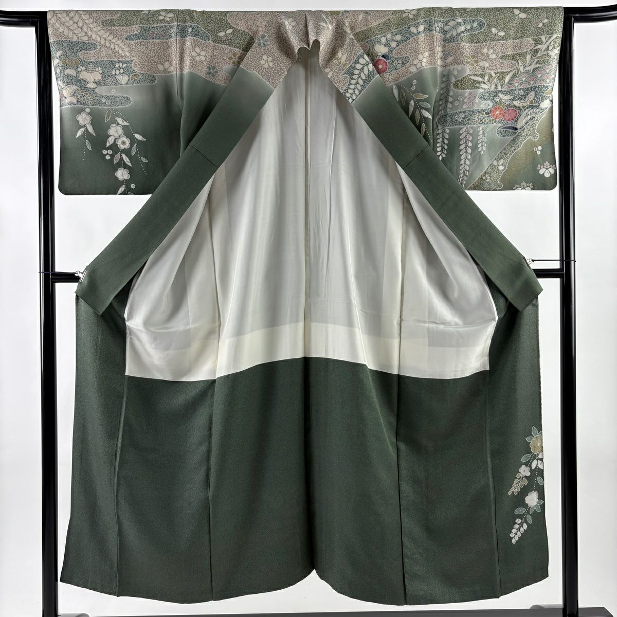 訪問服 身長150.5cm 袖長64cm M 雙層 霞 草花紋紋 漸層 銀通し 綠 純蠶絲 名品級