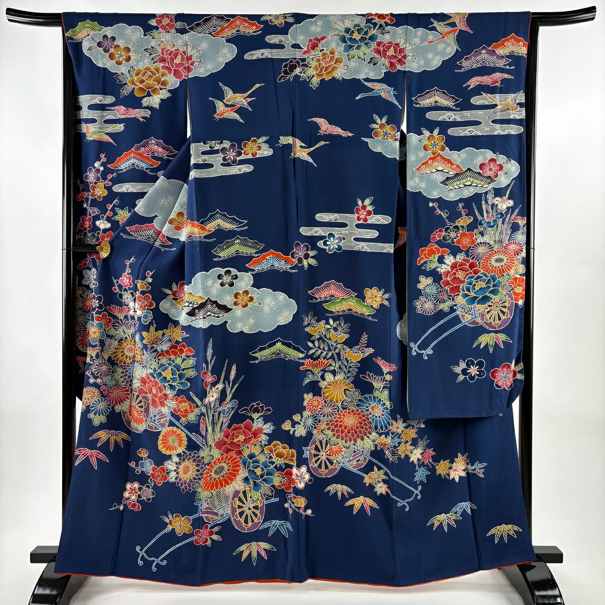 振袖禮服 身長164.5cm 袖長65.5cm M 雙層 花車 雲文 金彩裝飾 藍色 純蠶絲 名品級