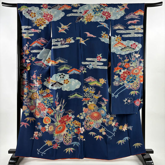 振袖禮服 身長164.5cm 袖長65.5cm M 雙層 花車 雲文 金彩裝飾 藍色 純蠶絲 名品級