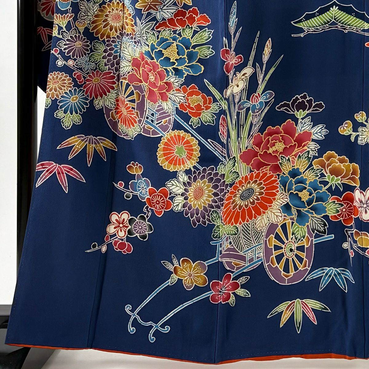 振袖禮服 身長164.5cm 袖長65.5cm M 雙層 花車 雲文 金彩裝飾 藍色 純蠶絲 名品級
