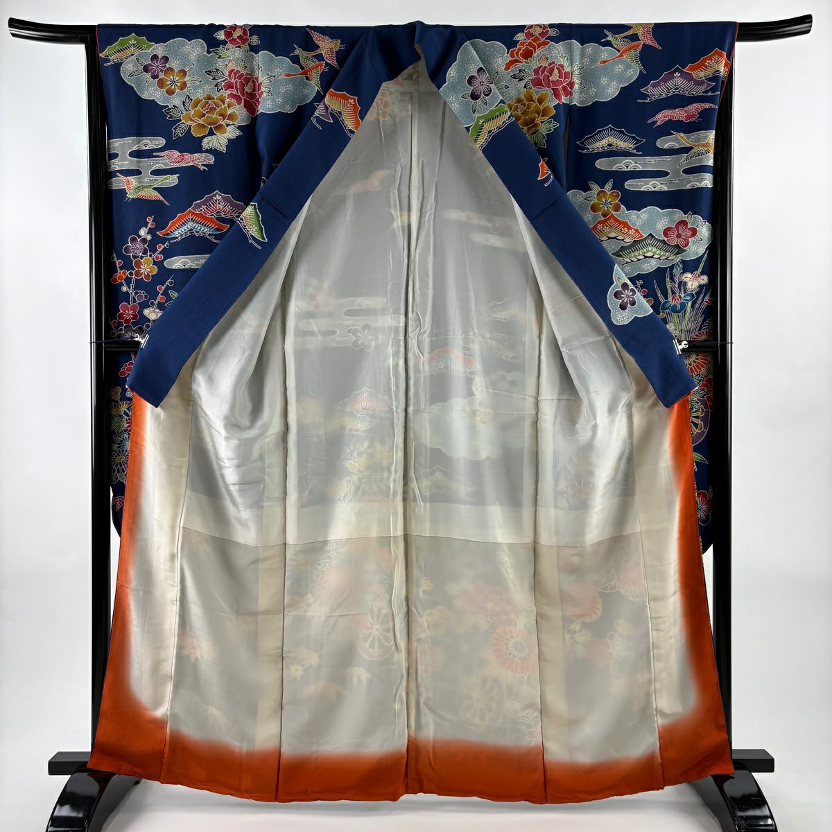 振袖禮服 身長164.5cm 袖長65.5cm M 雙層 花車 雲文 金彩裝飾 藍色 純蠶絲 名品級