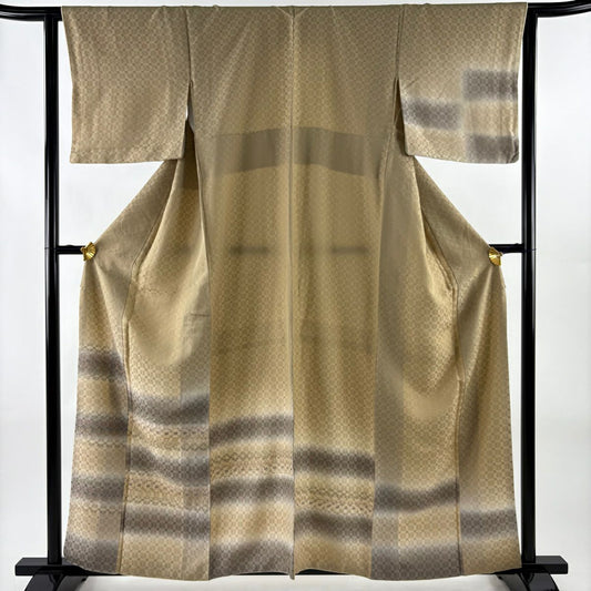 【美品】 付下 身長159.5cm 袖長63.5cm S 雙層 段紋 幾何圖案 漸變 淺茶 純蠶絲 名品級